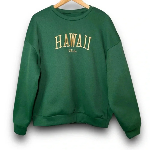SHEIN Cozy Embroidered Gold HAWAII USA Green Crewneck Sweater Size SM/US 4 - Picture 1 of 14